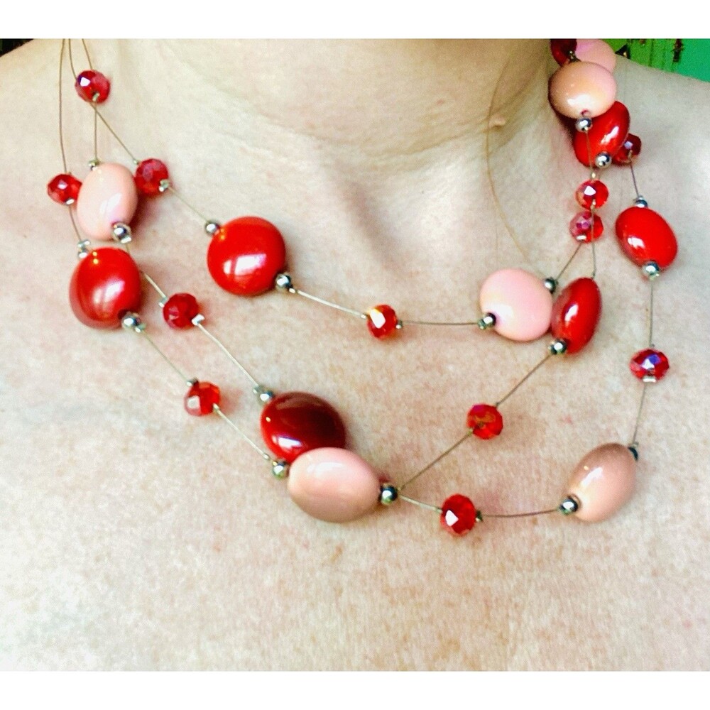Red Coral Pink Illusion Necklace Triple Strand Beaded Cherry Lucite Glass Y2K